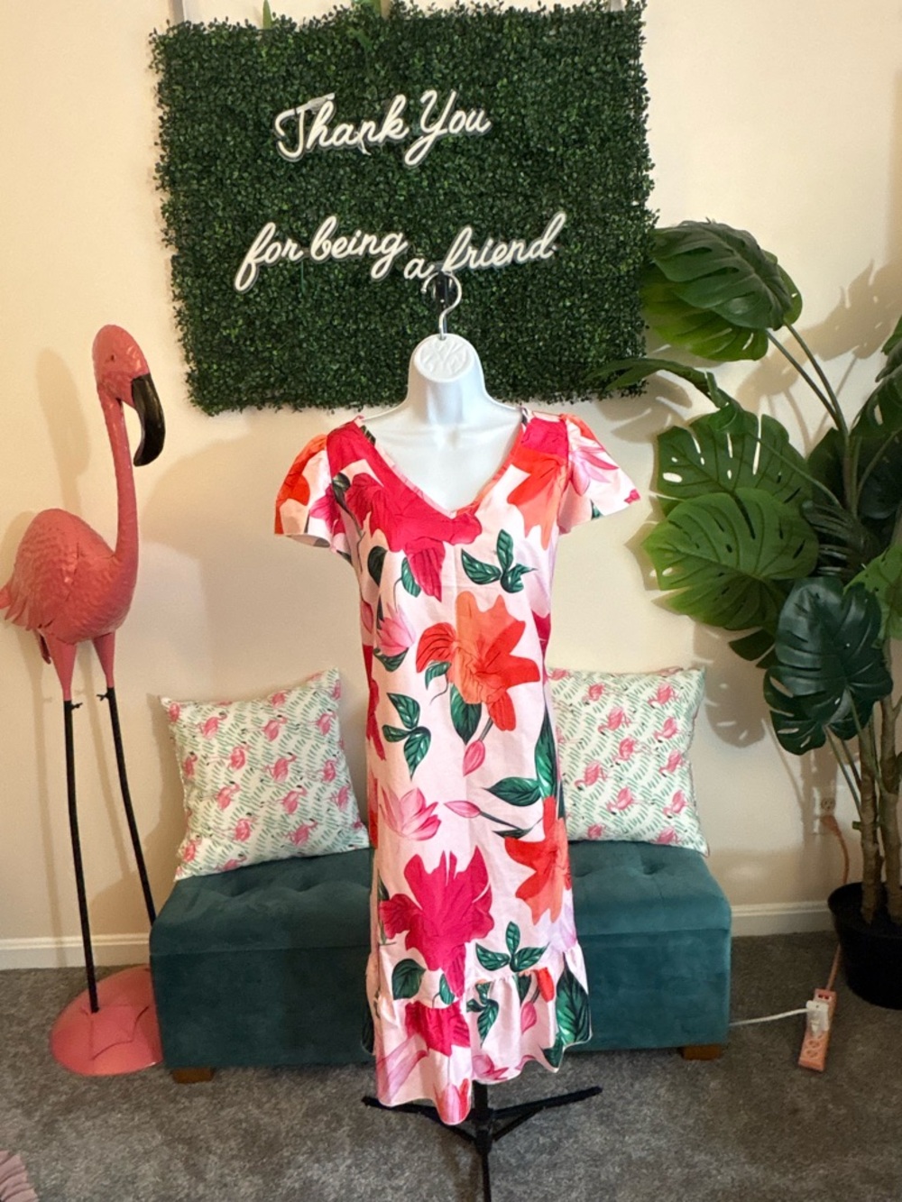 SHEIN Pink Floral V-Neck Midi Dress with Red & Green Print